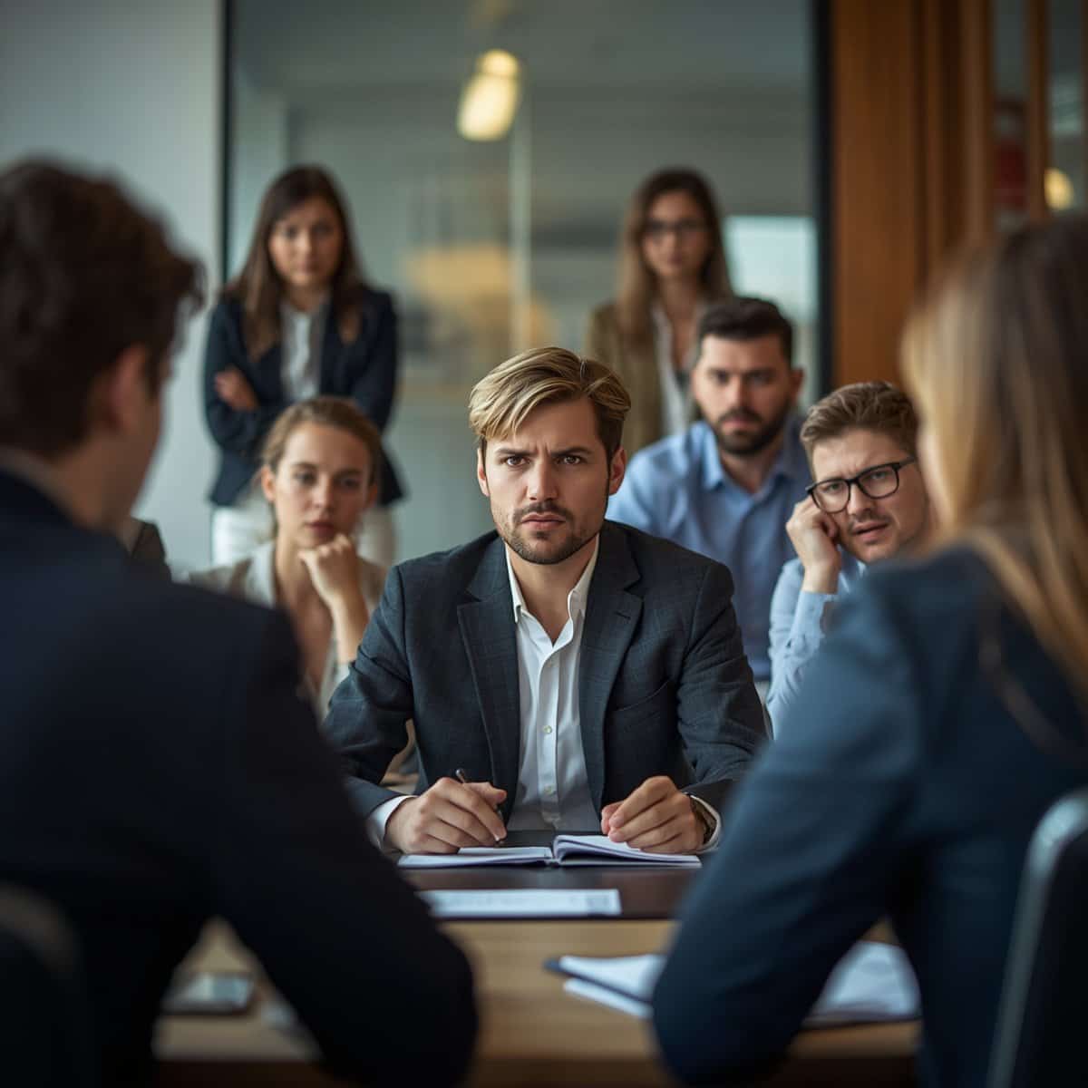 Kolleginnen und Kollegen klären einen Konflikt am Besprechungstisch